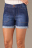 Indigo Denim High Rise Double Front Pocket Frayed Roll Cuff Hem Contour Shape Technology Short