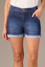 Indigo Denim High Rise Double Front Pocket Frayed Roll Cuff Hem Contour Shape Technology Short