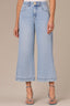 Light Blue Artisanal Denim Contour Shape Technology Skyrise Double Side Seam Fading Arched Yoke Cropped Petite Wide Leg Jean