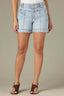 Light Blue Vintage Denim Contour Shape Technology High Rise Slightly Arched Back Yoke Angled Dart Seams V-Shaped Front Yoke Short