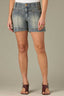 Mid Blue Artisanal Denim Contour Shape Technology High Rise Slightly Arched Back Yoke Angled Dart Seams V-Shaped Front Yoke Short