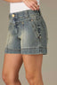 Mid Blue Artisanal Denim Contour Shape Technology High Rise Slightly Arched Back Yoke Angled Dart Seams V-Shaped Front Yoke Short