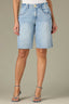 Light Blue Denim Contour Shape Technology Skyrise Double Sweetheart Yoke Four-Pocket Seaming Detail Raw Hem Barrel Bermuda Short
