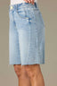 Light Blue Denim Contour Shape Technology Skyrise Double Sweetheart Yoke Four-Pocket Seaming Detail Raw Hem Barrel Bermuda Short
