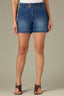 Blue Denim Contour Shape Technology High Rise Angled Dart Seams Double Button Patch Pockets Short