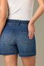 Blue Denim Contour Shape Technology High Rise Angled Dart Seams Double Button Patch Pockets Short