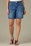 Mid Blue Denim Contour Shape Technology High Rise Slightly Arched Back Yoke Abstract Embroidered Back Pocket Relaxed Short