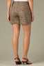 Brown Black Multi Denim Contour Shape Technology High Rise Slightly Arched Yoke Double Side Seam Leopard Print Short