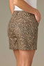 Brown Black Multi Denim Contour Shape Technology High Rise Slightly Arched Yoke Double Side Seam Leopard Print Short