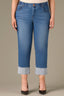 Mid Blue Denim High Rise Reverse Self Panel Fixed Cuff Round Up Back Yoke Contour Shape Technology Boyfriend Plus Size Jean