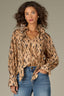 Caramel Latte Animal Print Long French Cuff Sleeve Babylock Wire Edge Curled Collar Split Neck Self Tie Pleated Woven Top 