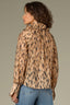 Caramel Latte Animal Print Long French Cuff Sleeve Babylock Wire Edge Curled Collar Split Neck Self Tie Pleated Woven Top 