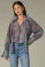 Nile Blue Plum Multi Print Long French Cuff Sleeve Babylock Wire Edge Curled Collar Split Neck Self Tie Pleated Woven Top 