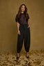 Black Silky Woven Ultra Skyrise Round Up Yoke Double Hook Button Zip Closure Slash Pockets Cinched Button Cuff Hem Glider Balloon Pant