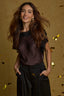 Brown Short Sleeve Boat Neck Lace Detail Shirttail Hem Mixed Media Woven Top