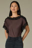 Brown Short Sleeve Boat Neck Lace Detail Shirttail Hem Mixed Media Petite Woven Top