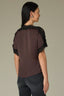 Brown Short Sleeve Boat Neck Lace Detail Shirttail Hem Mixed Media Woven Top