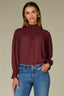 Deep Ruby Long Smock Flounce Sleeve Smocked Turtleneck Smocked Yoke Shirttail Hem Woven Top
