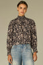 Black Pearl Dust Long Smock Flounce Sleeve Smocked Turtleneck Smocked Yoke Abstract Floral Print Shirttail Hem Woven Top