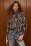 Black Pearl Dust Long Smock Flounce Sleeve Smocked Turtleneck Smocked Yoke Abstract Floral Print Shirttail Hem Woven Top