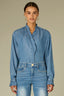Mid Blue Long Flounce Sleeve Ruffle Cuff Collar V-Neck Hidden Button Down Front Rounded Hem Woven Top