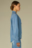 Mid Blue Long Flounce Sleeve Ruffle Cuff Collar V-Neck Hidden Button Down Front Rounded Hem Woven Top