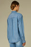 Mid Blue Long Flounce Sleeve Ruffle Cuff Collar V-Neck Hidden Button Down Front Rounded Hem Woven Top