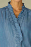 Mid Blue Long Flounce Sleeve Ruffle Cuff Collar V-Neck Hidden Button Down Front Rounded Hem Woven Top