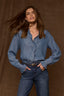 Mid Blue Long Flounce Sleeve Ruffle Cuff Collar V-Neck Hidden Button Down Front Rounded Hem Woven Top