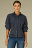 Carbon Blue Below Elbow Puff Pleated Sleeve Buttoned Cuffs Collar Neck Button Down Front Pleats Cinched Back Double Peplum Hem Petite Woven Suede Top
