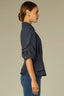 Carbon Blue Below Elbow Puff Pleated Sleeve Buttoned Cuffs Collar Neck Button Down Front Pleats Cinched Back Double Peplum Hem Petite Woven Suede Top