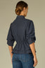 Carbon Blue Below Elbow Puff Pleated Sleeve Buttoned Cuffs Collar Neck Button Down Front Pleats Cinched Back Double Peplum Hem Petite Woven Suede Top