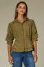 Forest Moss Below Elbow Puff Pleated Sleeve Buttoned Cuffs Collar Neck Button Down Front Pleats Cinched Back Double Peplum Hem Woven Suede Top