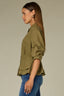 Forest Moss Below Elbow Puff Pleated Sleeve Buttoned Cuffs Collar Neck Button Down Front Pleats Cinched Back Double Peplum Hem Woven Suede Top
