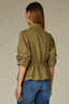 Forest Moss Below Elbow Puff Pleated Sleeve Buttoned Cuffs Collar Neck Button Down Front Pleats Cinched Back Double Peplum Hem Woven Suede Top