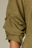 Forest Moss Below Elbow Puff Pleated Sleeve Buttoned Cuffs Collar Neck Button Down Front Pleats Cinched Back Double Peplum Hem Woven Suede Top
