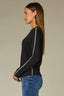 Black Ecru Long Sleeve High Crew Neck Contrast Piping Shirttail Hem Knit Top