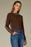 Brown Ecru Long Sleeve High Crew Neck Contrast Piping Shirttail Hem Knit Top
