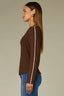 Brown Ecru Long Sleeve High Crew Neck Contrast Piping Shirttail Hem Knit Top