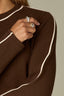 Brown Ecru Long Sleeve High Crew Neck Contrast Piping Shirttail Hem Knit Top