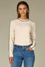 Ecru Black Long Sleeve High Crew Neck Contrast Piping Shirttail Hem Knit Top