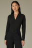 Black Long Sleeve Shawl V-Neck Shirring Detail Straight Hem Knit Top