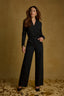 Black Long Sleeve Shawl V-Neck Shirring Detail Straight Hem Knit Top