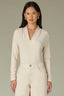 Ecru Long Sleeve Shawl V-Neck Shirring Detail Straight Hem Knit Top