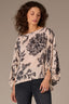 Ivory Black Three Quarter Peasant Sleeve Elastic Band Boat Neck Hi-Low Hem Floral Print Woven Top