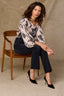 Ivory Black Three Quarter Peasant Sleeve Elastic Band Boat Neck Hi-Low Hem Floral Print Petite Woven Top