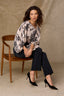 Ivory Black Three Quarter Peasant Sleeve Elastic Band Boat Neck Hi-Low Hem Floral Print Woven Top