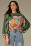 Basil Multi Three Quarter Cinched Peasant Sleeve Boat Neck Hi-Low Shirttail Hem Abstract Placement Floral Print Woven Top