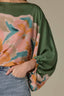 Basil Multi Three Quarter Cinched Peasant Sleeve Boat Neck Hi-Low Shirttail Hem Abstract Placement Floral Print Woven Top