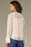 Blanched Almond Long Cinched Double Flounce Sleeve Ruffle Edge V-Neck Floral Lace Scallop Tank Top Layer Woven Top